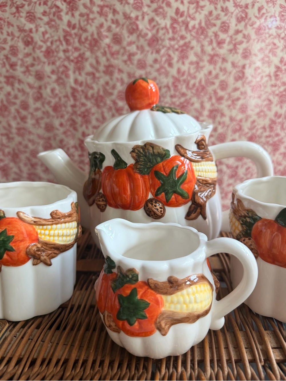 Vintage Ceramic Pumpkin Harvest Tea Set - Orange & Green - Picture 3 of 7